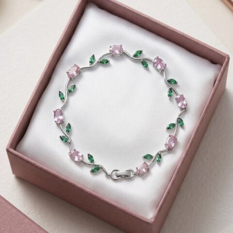Pink Oval and Green Leaf Bracelet [Silver]