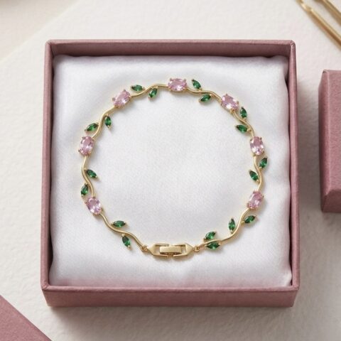Pink Oval and Green Leaf Bracelet